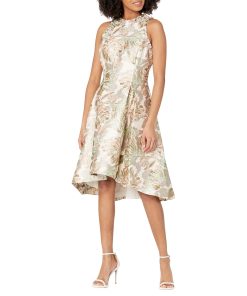 Adrianna Papell Sleeveless Printed Jacquard Dress with High-Low Hem & Ruffle Detail Peach Multi