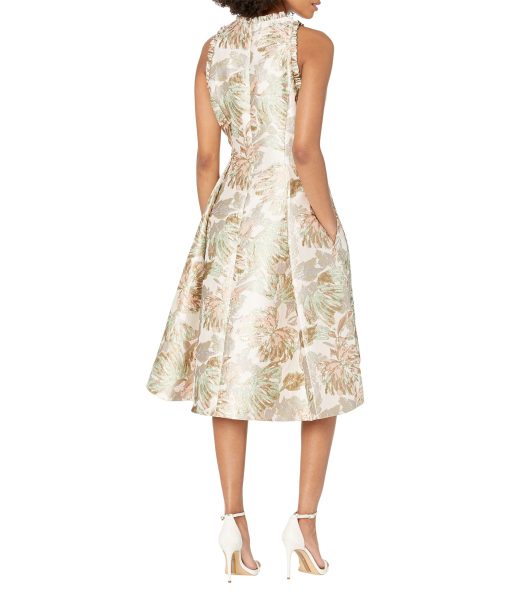 Adrianna Papell Sleeveless Printed Jacquard Dress with High-Low Hem & Ruffle Detail Peach Multi