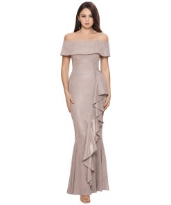 Betsy & Adam Off-the-Shoulder Glitter Gown Blush