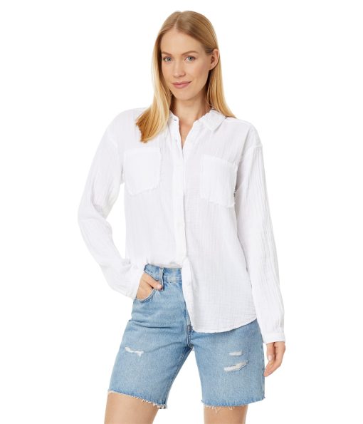 Mod-o-doc Double Layer Gauze Long Sleeve Flowy Button-Up Shirt White