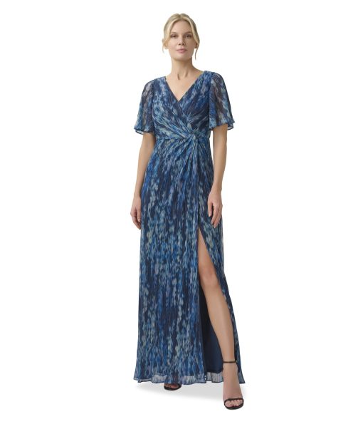 Adrianna Papell Long Crinkle Metallic Gown Navy Multi