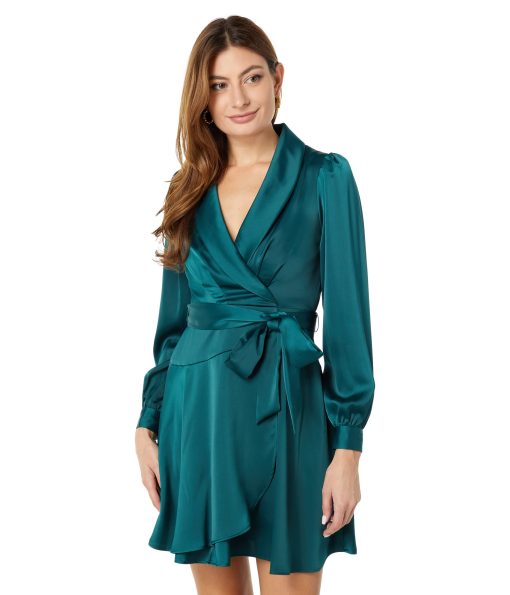 Vince Camuto Crepe Back Satin Long Sleeve Faux Wrap Dress Fit-and-Flare with Self Sash Hunter