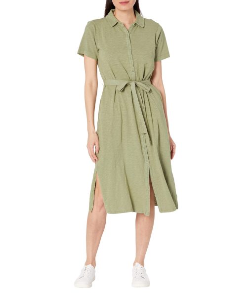 Mod-o-doc Slub Jersey Short Sleeve Button-Down Dress with Removable Belt Forest Fern