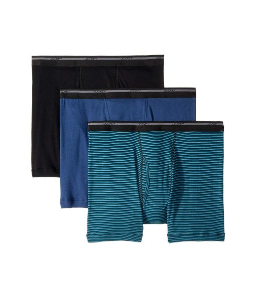 Jockey 100% Cotton Classic Knits Full Rise Boxer Brief 3-Pack Black/Suitable Stripe Teal/Rich Blue