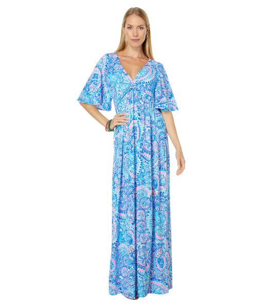 Lilly Pulitzer Minka Sleeved Maxi Dress Blue Grotto Commotion in The Ocean