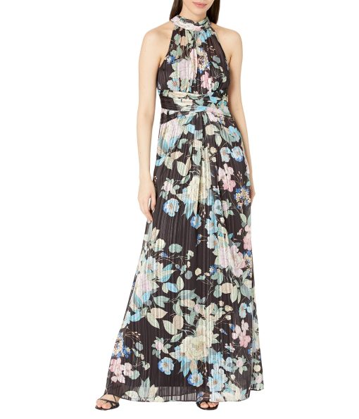 Adrianna Papell Sleeveless Printed Floral Chiffon Halter Neck Gown Black Multi